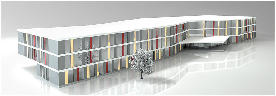 gerendertes 3D-Modell einer Architekturvisualisierung für Klinik Öschelbronn/ Projekt Vögele Architekten bda