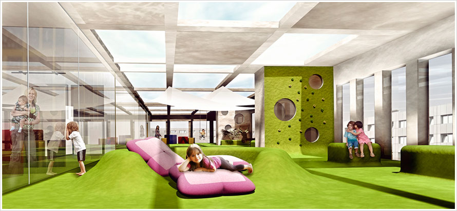 gerendertes 3D-Modell einer Innenperspektive für Machbarkeitsstudie Kindertagesstätte in Stuttgart-Stadtmitte/ Projekt Vögele Architekten bda